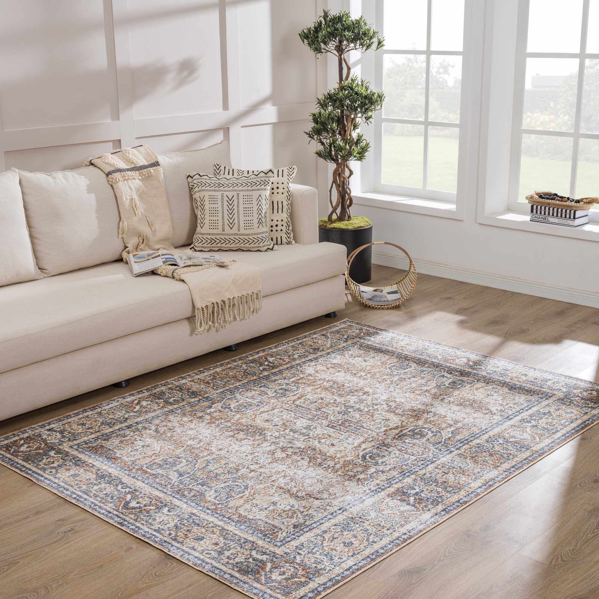 Arias Beige Blue Washable Area Rug - IlahCollections